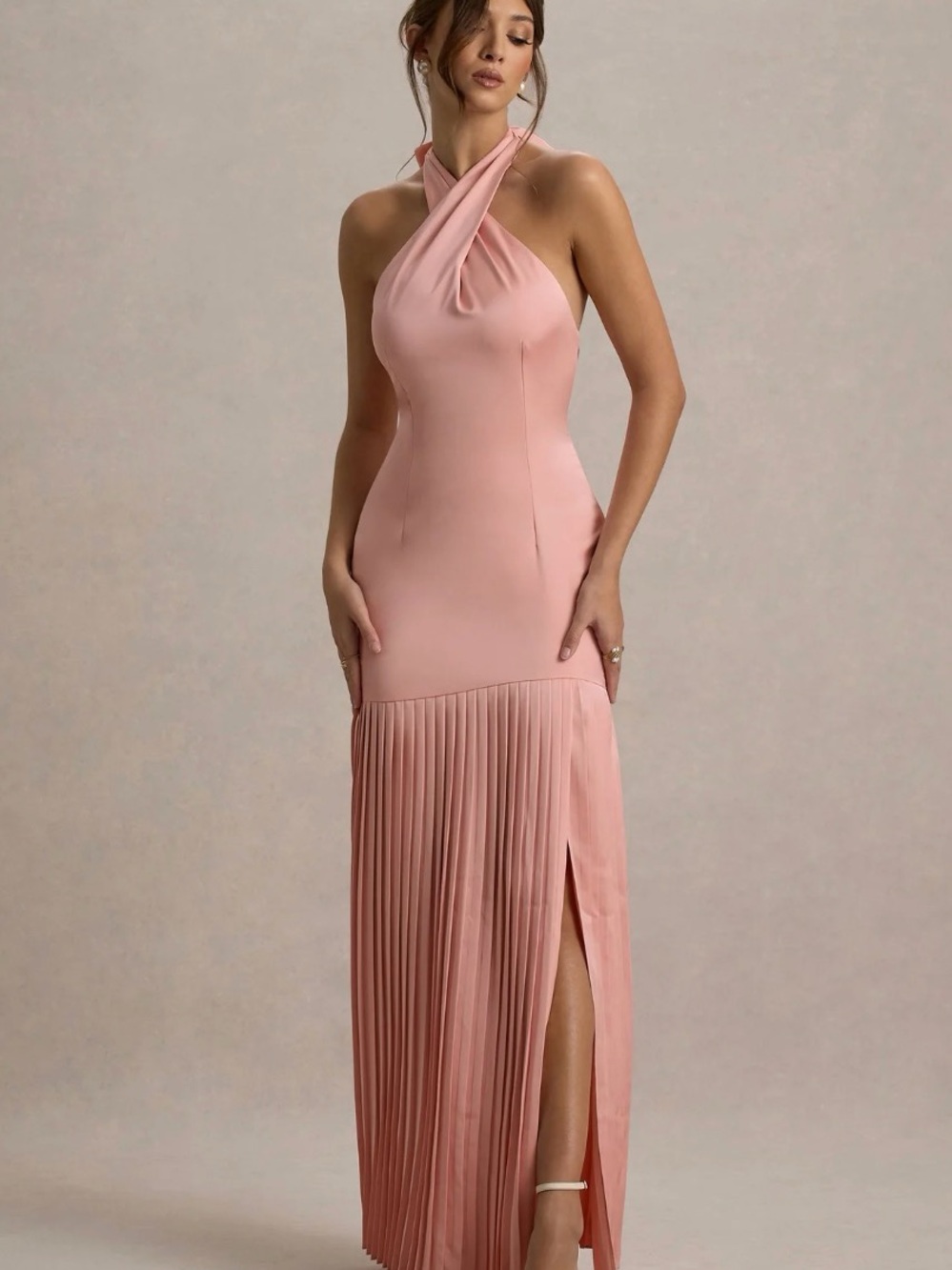 Club L London Pink Halter Pleated Maxi Dress